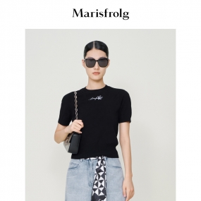 【明星同款】玛丝菲尔23夏季新弹力设计感小众黑色针织短袖t恤女
