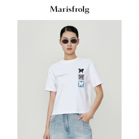 【蝴蝶印花】玛丝菲尔2023年夏季新款白色圆领设计感时尚短袖T恤