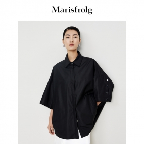 【商场同款】玛丝菲尔2023年夏季新款黑色落肩七分袖衬衫上衣女