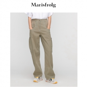 【抗皱棉感面料】玛丝菲尔2022新款绿色工装风口袋休闲裤女