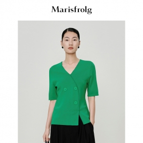【轻礼系列】玛丝菲尔2023年夏季新款绿色V领三粒双排扣针织上衣