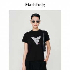 【科技花香面料】玛丝菲尔2023年夏季新款黑色休闲印花短袖T恤女
