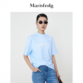 【环保面料】玛丝菲尔2023年夏季新款蓝色时尚logo印花短袖T恤女