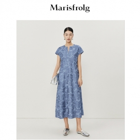 【新中式系列】玛丝菲尔夏新款复古刺绣设计高级感蓝轻奢连衣裙