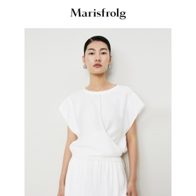 【商场同款】玛丝菲尔2023年夏季新款白色醋纤侧身飘带短款T恤女