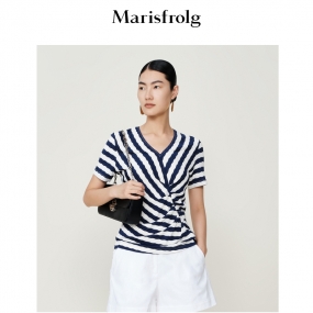 【商场同款】玛丝菲尔夏季新款休闲v领收腰蓝白条纹短袖针织衬衫