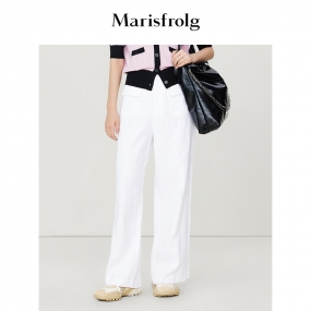 【免烫系列】玛丝菲尔2023年夏季新款白色亚麻微喇直筒休闲裤女