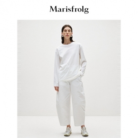 【商场同款】玛丝菲尔2024春季新款云白色纯色圆领长袖T恤女