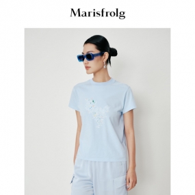 【多巴胺穿搭】玛丝菲尔夏季新款蓝色圆领字母印花短袖T恤女