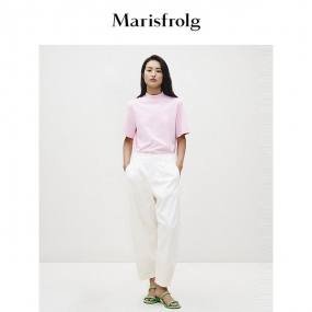 【商场同款】玛丝菲尔2024春季新款粉色半小高领刺绣短袖T恤女