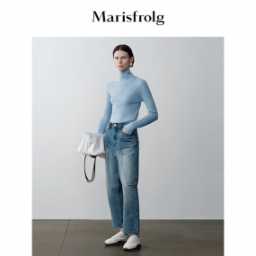【商场同款】玛丝菲尔冬新款蓝色美式复古宽松直筒牛仔裤女