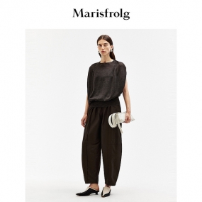 【蛋型裤系列】玛丝菲尔2024夏季新款时尚休闲横纹拼接咖啡棕长裤